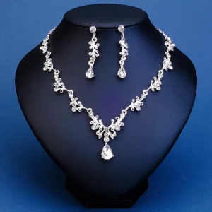 Luxury Silver Rhinestone with Fashion Wedding Diamond Fashion Jewelry Necklace Earring Set Valentine’s Day
