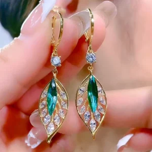 Luxury Sparkling Zircon Green Crystal Leaf Hoop Earrings Sapphire Crystal Zirconia Earrings for Women