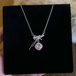 Luxury Square Pink Zircon Bow Alloy Necklace Women Accessories Jewelry for Daily Life Wearing