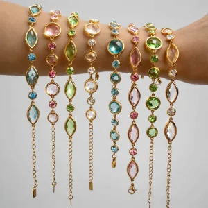 Luxury Stainless Steel Crystal Bracelet with Colorful Gemstones and Gold Plated Chain for Women Fashion Jewelry Gift