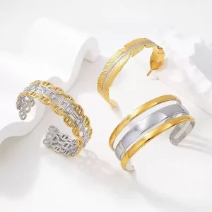 Luxury Stainless Steel Jewelry PVD 18K Gold Plated Two Tone Waterproof Adjustable Open Statement Cuff Bangle Bracelet