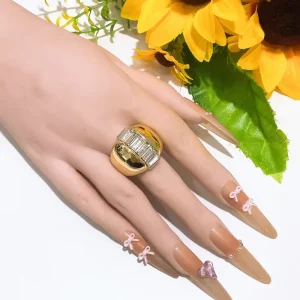 Luxury Tapered Baguette Cubic Zirconia Ring 14K Gold Plated Wide Band Statement Cocktail Ring Shiny Jewelry for Women