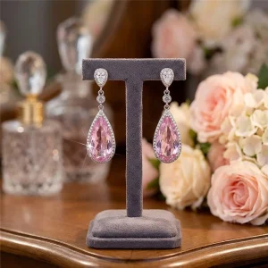 Luxury Trendy Brass Pink Pear Cut Teardrop CZ Dangle Pendant Earrings Women Wedding Bridal Party Evening Jewelry