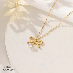 Luxury Trendy Gold Plated High-polish Finish Stainless Steel Strand Bow Knot Pendant Necklace with Natural Stone Heart Shape