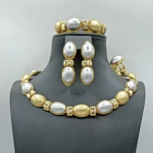 Luxury Two Tone Gold Plated Oval Jewelry Set 4 Piece Statement Jewelry for Bridal & Evening Wear