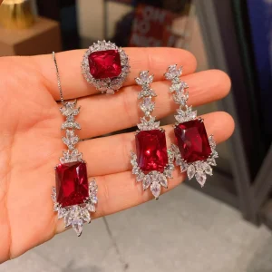 Luxury Vintage Flower Square Gemstone Design Drop Earring Ring Necklaces Brass Platinum Plated Wedding Jewelry Set
