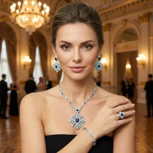Luxury Vintage Navy Blue Turquoise Jewelry Set 4Pcs Brass CZ Geometric Statement Wedding Jewelry for Women Dubai Style