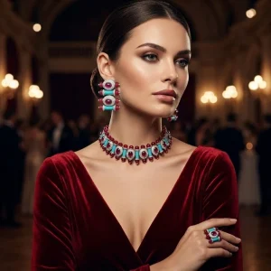 Luxury Vintage Red Ruby Turquoise Jewelry Set for Women Brass White Gold Plated 4Pcs Ethnic Statement Wedding Jewelry Sets