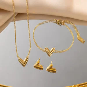 Luxury Water Proof 18k Gold Plated V Necklace Bracelet Earrings Set Stainless Steel Fine Fashion Jewelry Sets Women