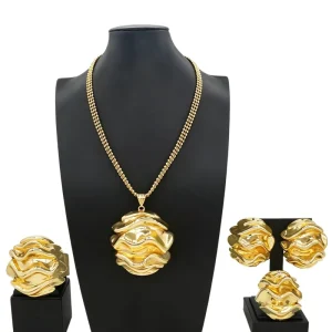 Luxury Wavy Gold Plated Jewelry Set Necklace Bracelet Earring Women Bold Statement Jewelry for Formal Occasion HK014822