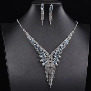 Luxury Wing Shaped Crystal Jewelry Set Tassel Pendant Necklace Drop Earrings Bridal Party Statement Jewelry for Women