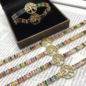 Luxury Women 18k Gold Plated Brass Pave with Colorful Crystal Tree of Life Bracelet