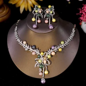 Luxury Women Cubic Zirconia Jewelry Sets Fashion Bridal Wedding Multicolored Pearl Flower Necklace Accessories X0663