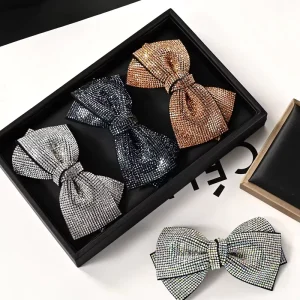 Luxury Women Girls Hair Accessories Rhinestone Shiny Bow Hair Clip Elegant Hair Grip Black Sweet Bowknot Hairpin