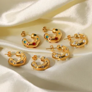 Luxury Women Gold Plated Chunky C Hoop Earrings 316 Stainless Steel with Multi CZ & Pearl Inlay Statement Ear Jewelry