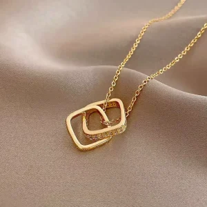 Luxury Women Gold Plated Double Square Charm Necklace 316L Stainless Steel Dainty Cable Chain Geometric Fashion Pendant Jewelry