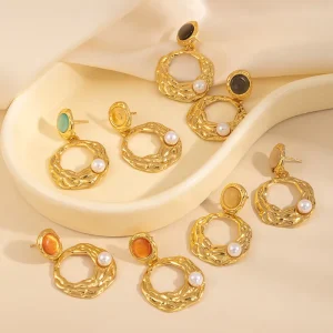 Luxury Women Gold Plated Hammered Textured Circle Drop Earrings 316L Stainless Steel Cat Eye Stone Pearl Vintage Jewelry