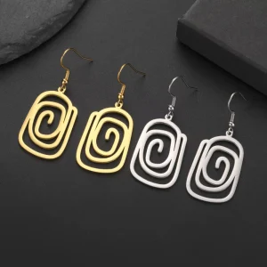 Luxury Women Gold Plated Hollow Spiral Rectangle Dangle Earrings 316L Stainless Steel Minimalist Fashion Drop Charm Ear Jewelry