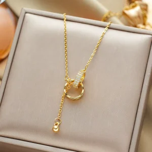 Luxury Women Gold Plated Inlaid Zircon Double Ring Lariat Charm Necklace 316L Stainless Steel Drop Chain Fashion Jewelry