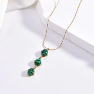 Luxury Women Gold Plated Multi Color Natural Stone Drop Pendant Necklace 316L Stainless Steel Thin Snake Chain Boho Jewelry