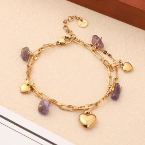 Luxury Women Gold Plated Natural Crystal Stone Heart Double Layer Bracelet 316L Stainless Steel Paperclip Link Chain Jewelry