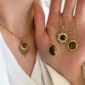 Luxury Women Gold Plated Natural Tiger Eye Sun Pendant Necklace 316L Stainless Steel Snake & Bead Chain Vintage Boho Jewelry