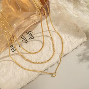 Luxury Women Gold Plated Triple Layered Chain Necklace 316 Stainless Steel Snake Ball Chain with CZ Pendant Fashion Jewelry