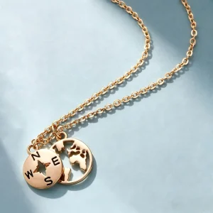 Luxury Women Gold Plated World Map Compass Dual Coin Pendant Necklace 316L Stainless Steel Cable Chain Travel Fashion Jewelry
