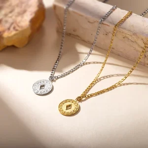 Luxury Women Gold Silver Plated Chinese Coin Pendant Necklace 316L Stainless Steel Figaro Mariner Chain Jewelry