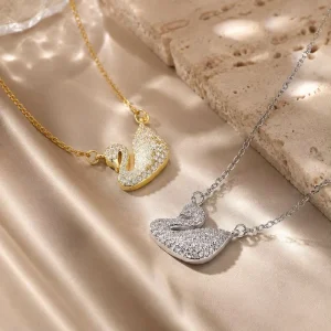 Luxury Women Gold Silver Two Tone Full CZ Swan Pendant Necklace 316L Stainless Steel Cable Chain Elegant Daily Jewelry