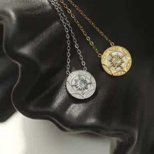 Luxury Women Gold Silver Two Tone North Star Coin Pendant Necklace 316L Stainless Steel White Shell CZ Inlaid Chain Jewelry