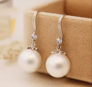 Luxury Women Silver Plated Pearl Dangle Earrings Wedding Engagement Cubic Zirconia Fashion Jewelry Drop Earrings