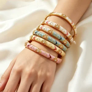 Luxury Women’s Bangle Real Gold Plated Copper Chinese Style Enamel Colorful Cloud Bracelet Zircon Inlaid Clasp Jewelry