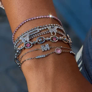 Luxury Women’s Fashion Bracelet in Silver Stainless Steel with Pink Zircon Star & Butterfly Shape Chains New Style Bangle
