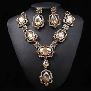 Luxury Women’s Fashion Jewelry Set Big Gem Geometric Square Glass Crystal Necklaces Pendants Earrings for Wedding