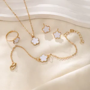 Luxury Women’s Fashion Set Trendy 5 Pcs Lucky Shell Flower Design Earrings Necklace Bracelet Ring Coin Charm Jewelry
