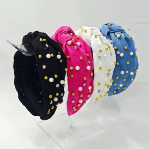 Luxury Women’s Hair Accessories Wide Edge Hair Hoops with Pearl Rhinestone Knotted Headbands