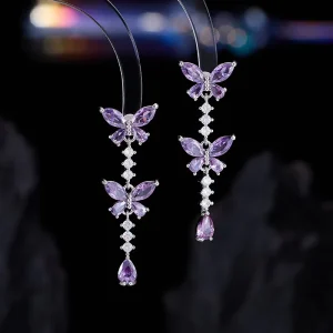 Luxury Zircon Butterfly Earrings Long Women Fashion Purple and pink Zircon butterfly Design Pendant Earrings