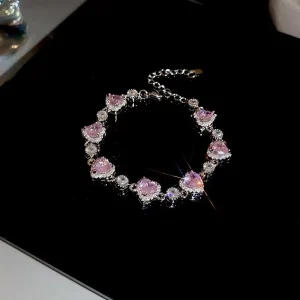 Luxury Zircon Shining Fashion Chain & Link Bracelets with Full Diamond Pink Heart Trendy Custom Wedding Jewelry for Women Girls