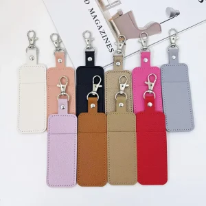 Lychee Leather Keychain Lipstick Holder Sleeve Portable Custom Logo Lip Balm Container Storage Bag for Lipstick Hanging on Bag