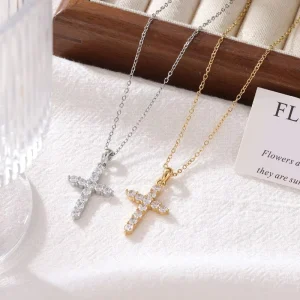 MECYLIFE Luxury Zircon Necklace Stainless Steel Necklace Everyday Wear Jewelry Women Fashion Minimalist Cross Necklace Pendant