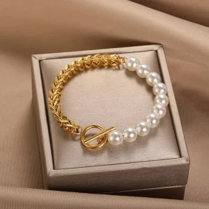 MECYLIFE Women Fashion OT Bracelet Stainless Steel Franco Chain Bracelet Elegant Pearl Bracelet