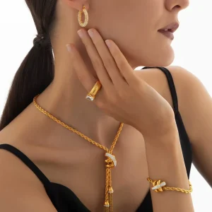 MEDICI Women’s Stainless Steel Punk Necklace Bracelet Earrings & Ring Crystal Rhinestone Elegant All-match Jewelry Set