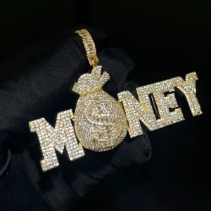 MONEY Money Bag Pendant Necklace Copper Brass Rhinestone Iced Out Hip Hop Jewelry for Men
