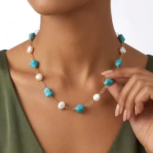 MPN11 Boho Turquoise Large Beads Freshwater Baroque Pearl Adjustable Paperclip Chain Necklace Non Tarnish Jewelry Women