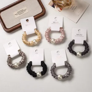 MUJU High End Satin Pearl Hair Ties Super Elastic Scrunchies for Girls and Women for Ponytail for Stores and Supermarkets