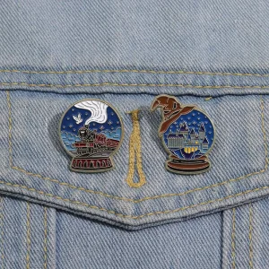 Magic Castle Enamel Pins Crystal Ball Steam Train Brooches Punk Metal Lapel Badge Clothes Jewelry