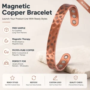 Magnet Jewelry Pure Copper Magnetic Therapy Jewelry Vintage Hammered Adjustable Open Cuff Bangle Bracelet Custom