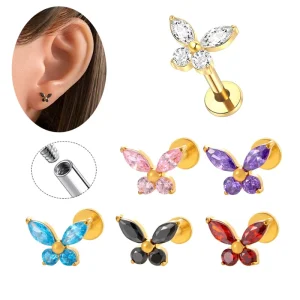 Maina Colorful Butterfly Cartilage Earrings ASTM F136 Titanium Tragus Labret Piercing Jewelry Zircon Earlobe Helix Earring