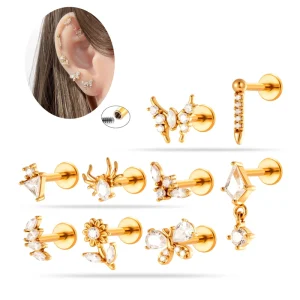 Maina Hypoallergenic Stainless Steel Flat Back Earrings CZ Flower Butterfly Labret Internally Thread Cartilage Piercing Jewelry